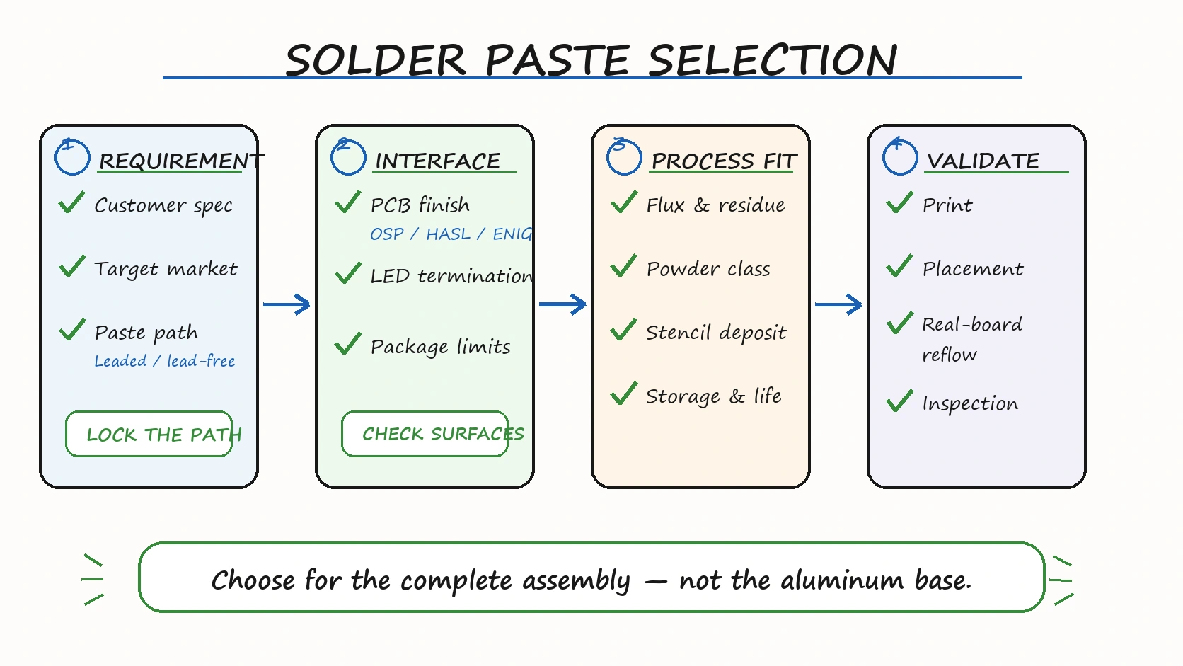SMT solder paste selection flow for LED aluminum PCB assembly