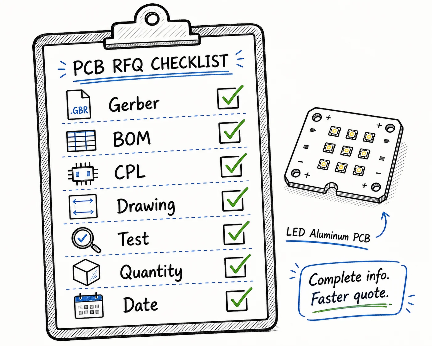 Turnkey PCB assembly RFQ checklist with Gerber BOM CPL drawing and test requirements