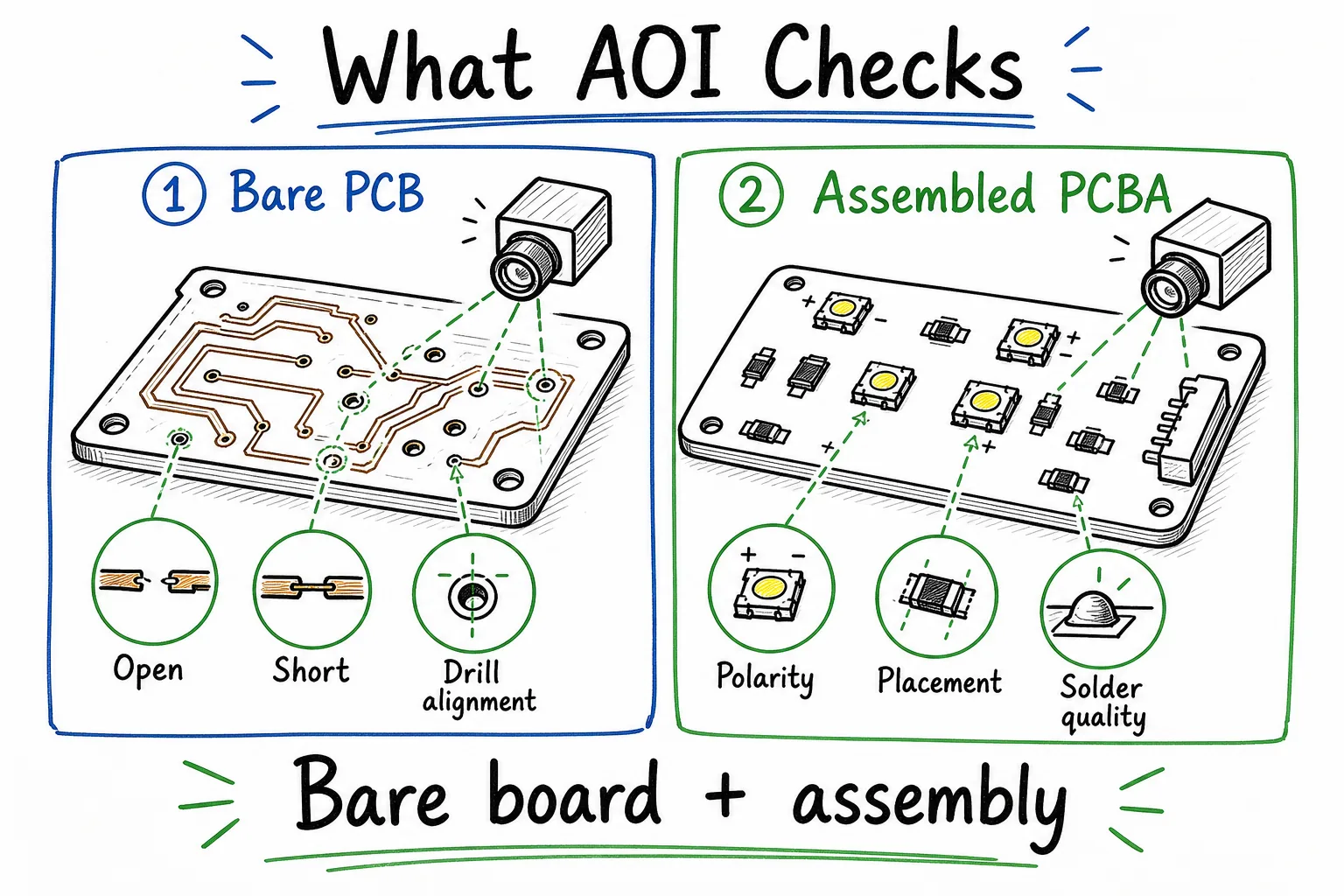 Hand-drawn AOI overview showing bare PCB and assembled PCBA inspection